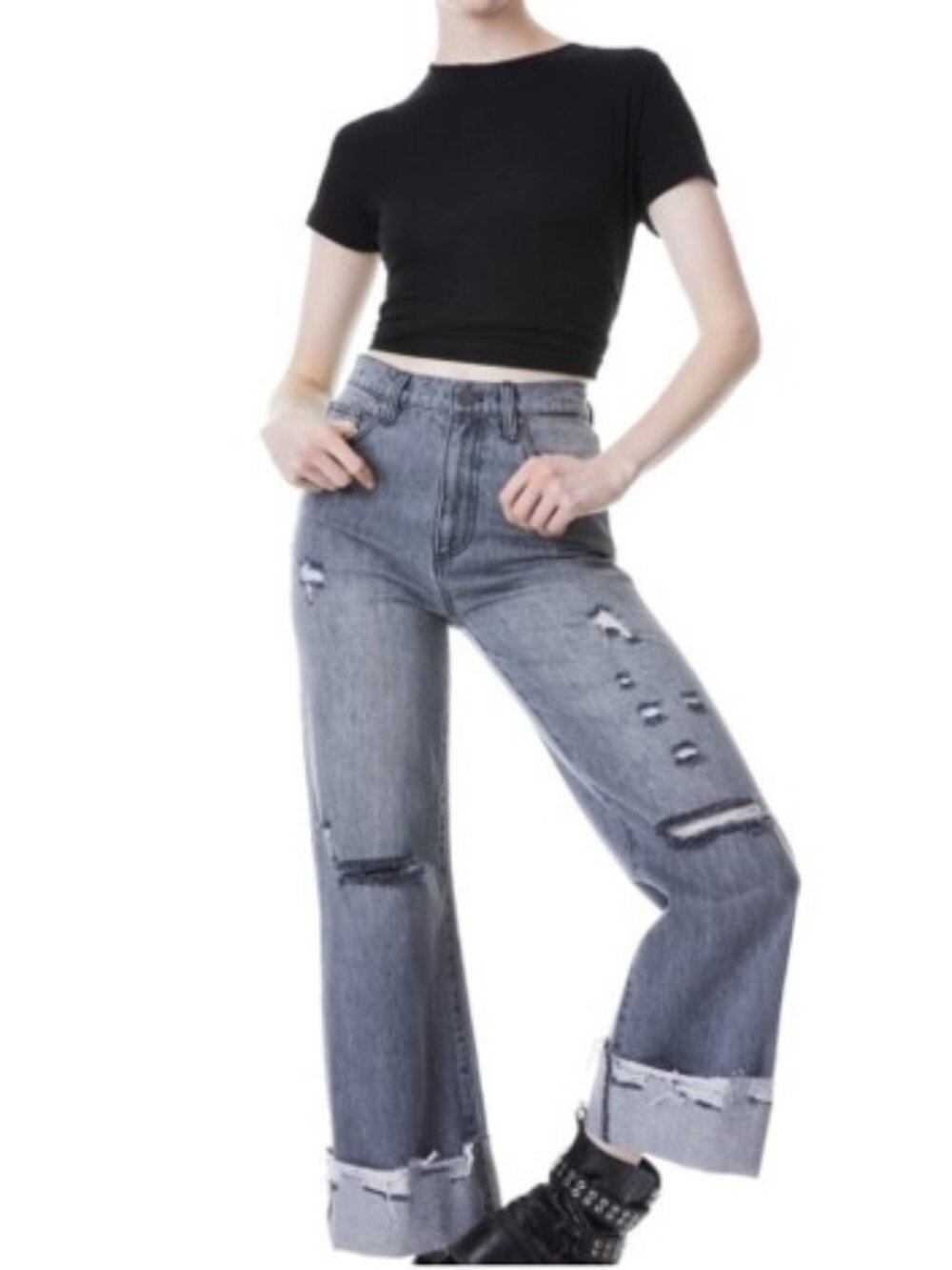 NWT Alice + Olivia Amazing Distressed High-Rise Raw Cuff Jeans Grey 25